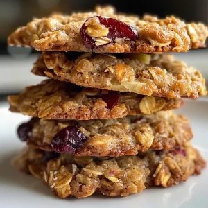 ['Close-up side view of a freshly baked cranberry apple oatmeal cookie.', 'Juicy, golden-brown oatmeal cookies studded with cranberries and apple pieces.', 'Delicious cranberry apple oatmeal cookies arranged on a plate, showcasing their texture.', 'Side view of a soft, chewy oatmeal cookie with visible cranberries and grated apple.']