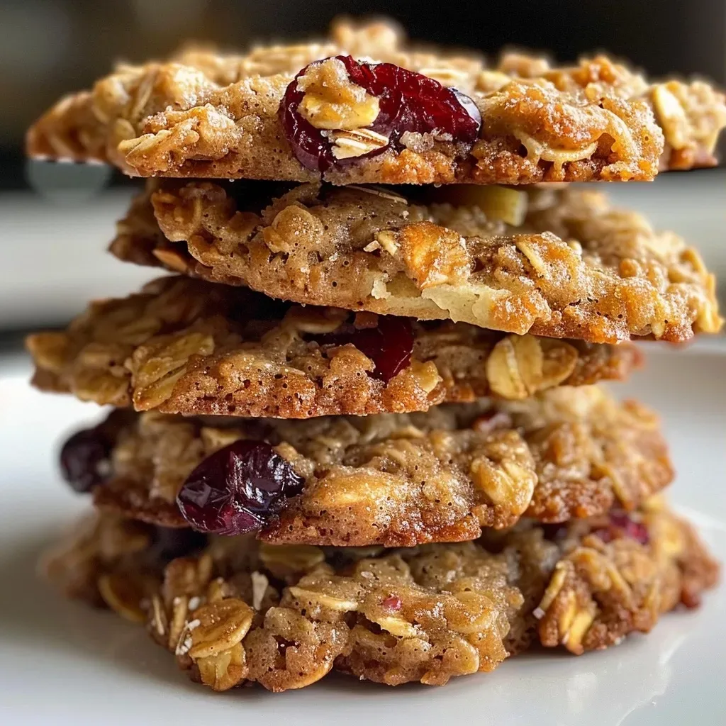 ['Close-up side view of a freshly baked cranberry apple oatmeal cookie.', 'Juicy, golden-brown oatmeal cookies studded with cranberries and apple pieces.', 'Delicious cranberry apple oatmeal cookies arranged on a plate, showcasing their texture.', 'Side view of a soft, chewy oatmeal cookie with visible cranberries and grated apple.']