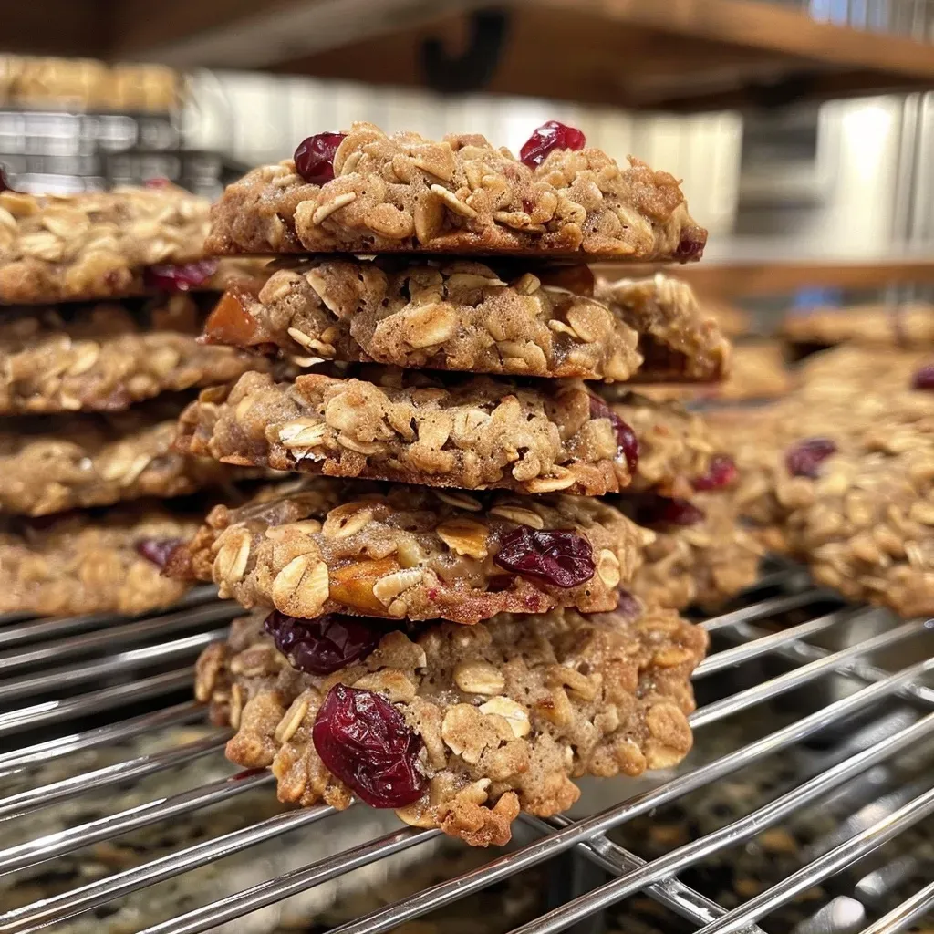 ['Close-up side view of a freshly baked cranberry apple oatmeal cookie.', 'Juicy, golden-brown oatmeal cookies studded with cranberries and apple pieces.', 'Delicious cranberry apple oatmeal cookies arranged on a plate, showcasing their texture.', 'Side view of a soft, chewy oatmeal cookie with visible cranberries and grated apple.']