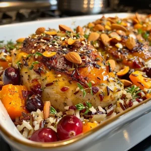 ['Close-up of a baked cranberry chicken casserole with vibrant colors and texture.', 'Side view of a juicy chicken casserole with cranberries and butternut squash.', 'Deliciously layered cranberry chicken casserole showcasing a golden crust and garnished with almonds.', 'Freshly prepared cranberry chicken casserole with a rich blend of ingredients visible.']