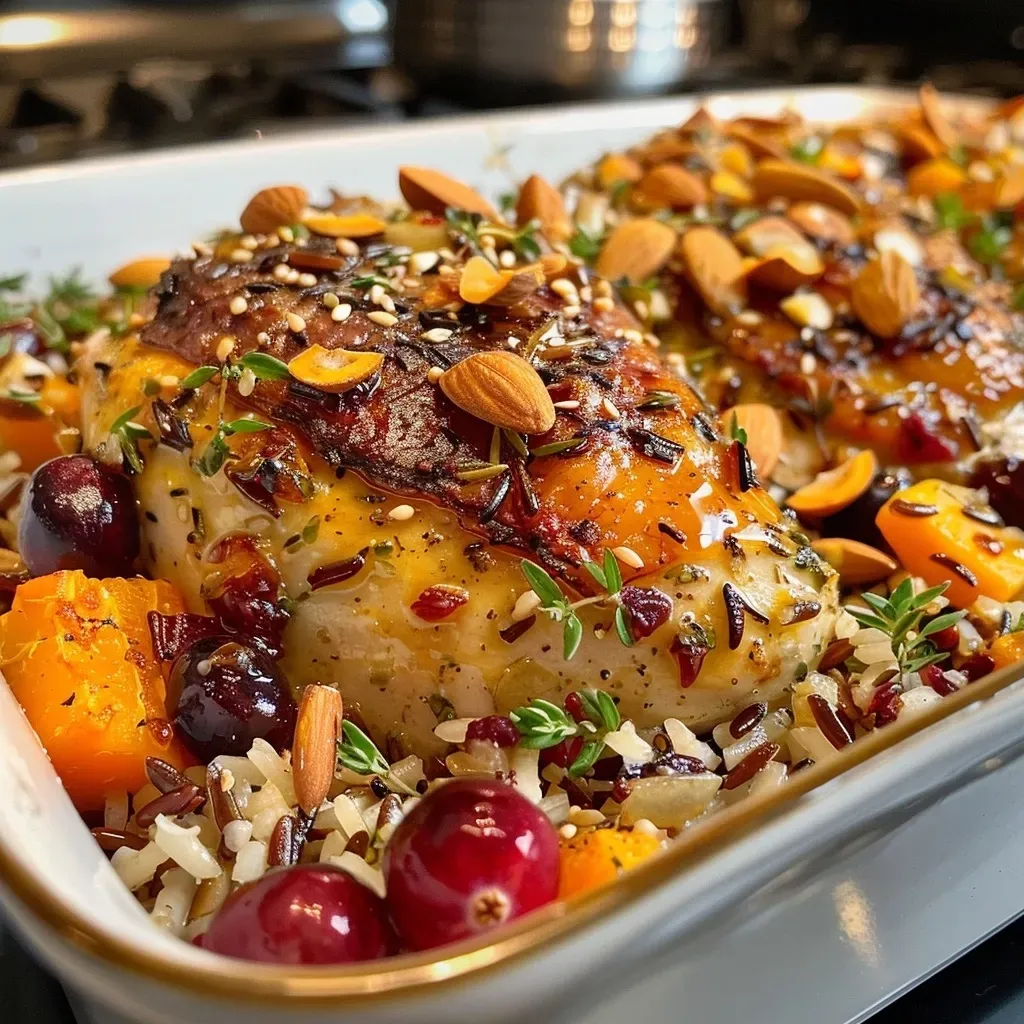['Close-up of a baked cranberry chicken casserole with vibrant colors and texture.', 'Side view of a juicy chicken casserole with cranberries and butternut squash.', 'Deliciously layered cranberry chicken casserole showcasing a golden crust and garnished with almonds.', 'Freshly prepared cranberry chicken casserole with a rich blend of ingredients visible.']