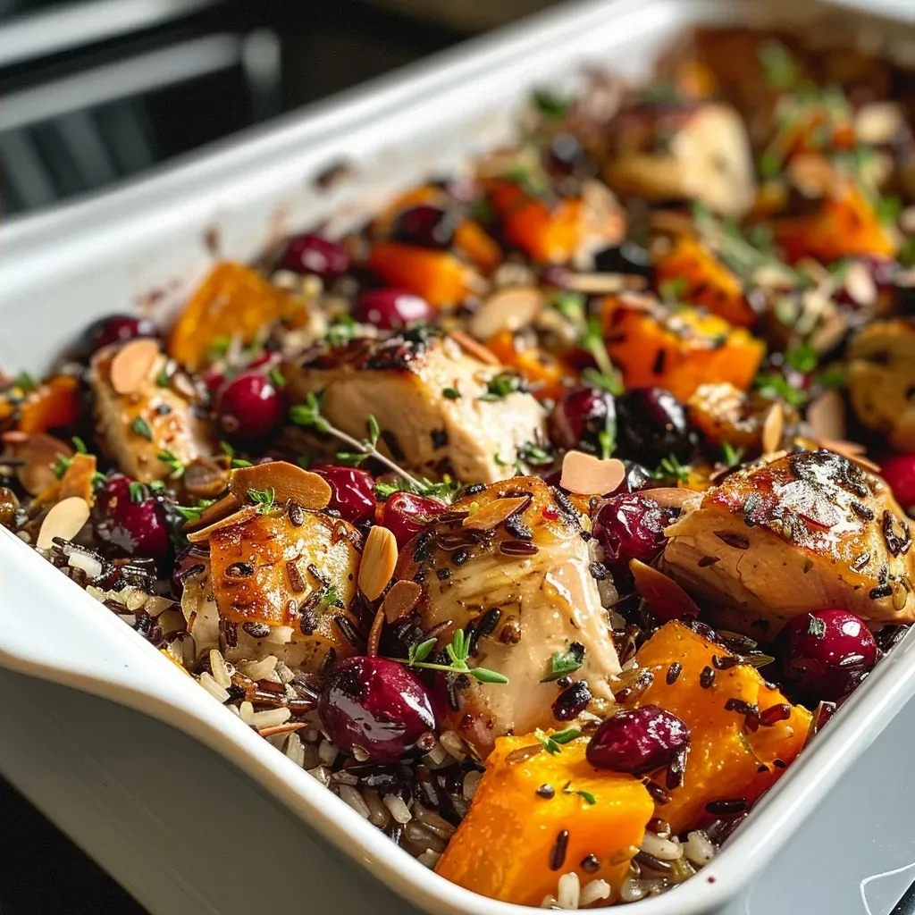 ['Close-up of a baked cranberry chicken casserole with vibrant colors and texture.', 'Side view of a juicy chicken casserole with cranberries and butternut squash.', 'Deliciously layered cranberry chicken casserole showcasing a golden crust and garnished with almonds.', 'Freshly prepared cranberry chicken casserole with a rich blend of ingredients visible.']