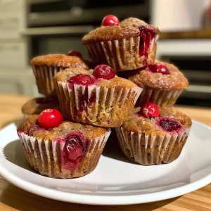 ['Close-up view of moist cranberry orange protein muffins with a golden-brown crust.', 'Side view of delicious cranberry orange muffins featuring fresh cranberries and orange zest.', 'Appetizing protein muffins studded with cranberries and orange, shot with a warm light.', 'Juicy cranberry orange muffins on a rustic surface, showcasing their fluffy texture.']