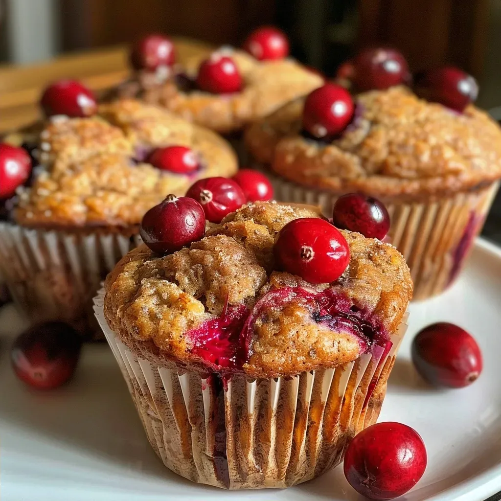 ['Close-up view of moist cranberry orange protein muffins with a golden-brown crust.', 'Side view of delicious cranberry orange muffins featuring fresh cranberries and orange zest.', 'Appetizing protein muffins studded with cranberries and orange, shot with a warm light.', 'Juicy cranberry orange muffins on a rustic surface, showcasing their fluffy texture.']