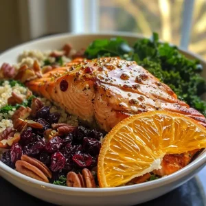 ['A close-up view of a colorful Cranberry-Orange Salmon Protein Power Bowl with vibrant ingredients.', 'Side view of a deliciously arranged protein bowl featuring salmon, quinoa, kale, and cranberries.', 'Juicy salmon fillet garnished with cranberries and orange juice, served in a healthy power bowl.', 'An appetizing protein bowl filled with salmon, kale, quinoa, pecans, and dried cranberries.']