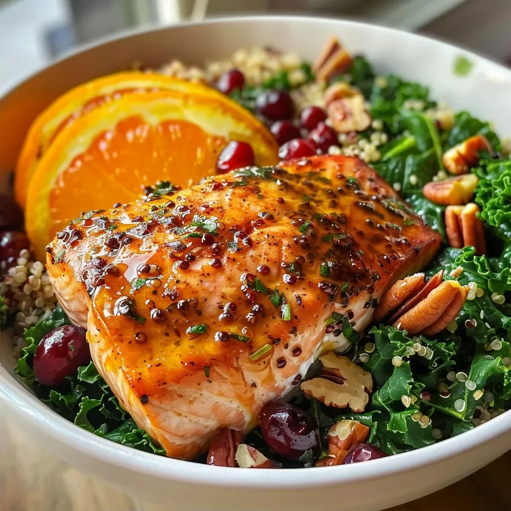 ['A close-up view of a colorful Cranberry-Orange Salmon Protein Power Bowl with vibrant ingredients.', 'Side view of a deliciously arranged protein bowl featuring salmon, quinoa, kale, and cranberries.', 'Juicy salmon fillet garnished with cranberries and orange juice, served in a healthy power bowl.', 'An appetizing protein bowl filled with salmon, kale, quinoa, pecans, and dried cranberries.']