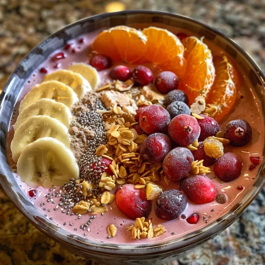 ['A vibrant cranberry orange smoothie bowl topped with fresh fruit and granola.', 'Close-up of a colorful smoothie bowl featuring cranberries and oranges garnished with pomegranate arils.', 'A creamy smoothie bowl made with cranberries and oranges, adorned with bite-sized fruit pieces.', 'Detail of a smoothie bowl filled with cranberry orange blend, yogurt, and crunchy toppings.']
