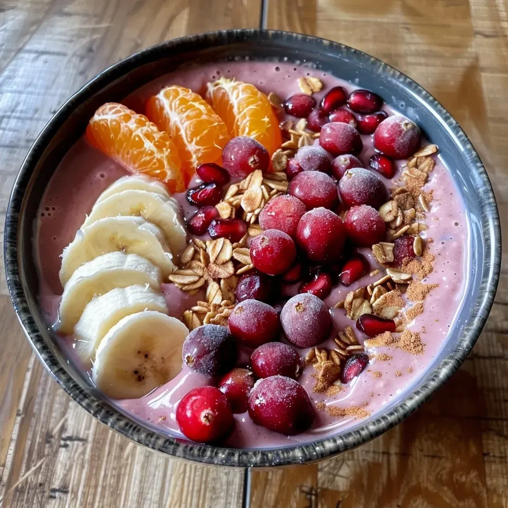 ['A vibrant cranberry orange smoothie bowl topped with fresh fruit and granola.', 'Close-up of a colorful smoothie bowl featuring cranberries and oranges garnished with pomegranate arils.', 'A creamy smoothie bowl made with cranberries and oranges, adorned with bite-sized fruit pieces.', 'Detail of a smoothie bowl filled with cranberry orange blend, yogurt, and crunchy toppings.']