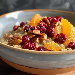 A close-up view of Steel Cut Oats topped with cranberries and orange zest in a bowl.