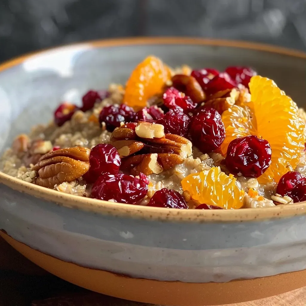 ['A close-up view of Steel Cut Oats topped with cranberries and orange zest in a bowl.', 'A side view of a bowl of delicious Cranberry Orange Steel Cut Oats garnished with yogurt and pecans.', 'Juicy Cranberry Orange Steel Cut Oats displayed in a bowl with fresh orange segments.', 'A vibrant bowl of Steel Cut Oats with dried cranberries and orange juice, captured in natural light.']