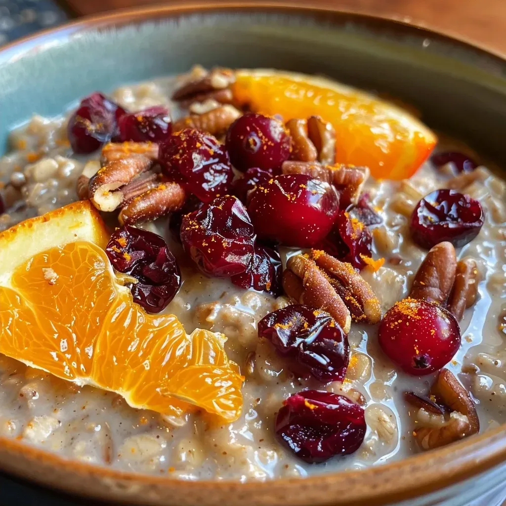 A close-up view of Steel Cut Oats topped with cranberries and orange zest in a bowl.