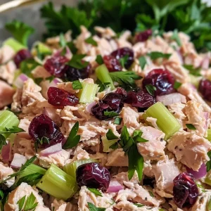 Close-up side view of a vibrant Cranberry Tuna Salad in a white bowl.