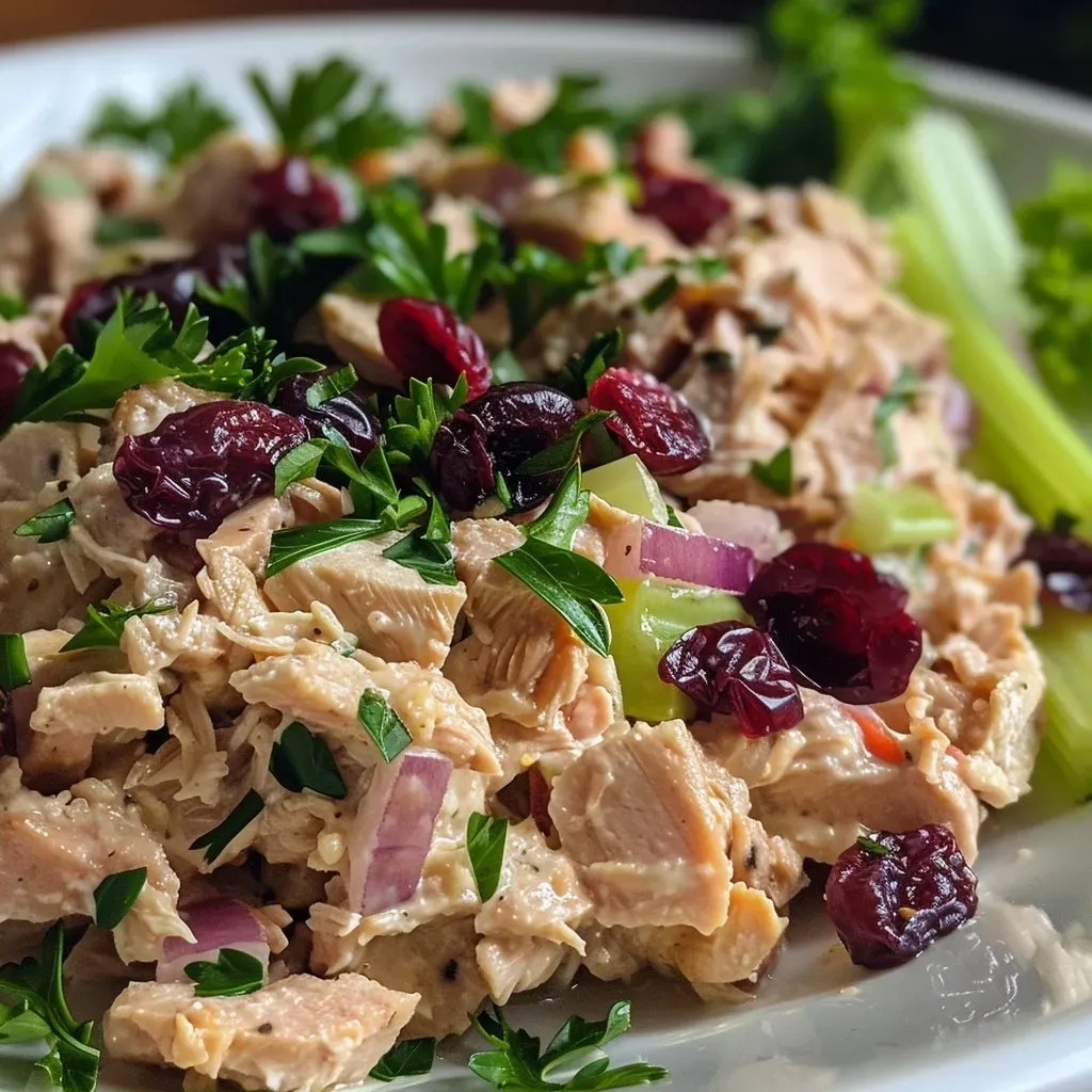 Close-up side view of a vibrant Cranberry Tuna Salad in a white bowl.