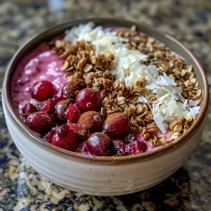 Close-up side view of a cranberry yogurt bowl topped with granola and nuts.