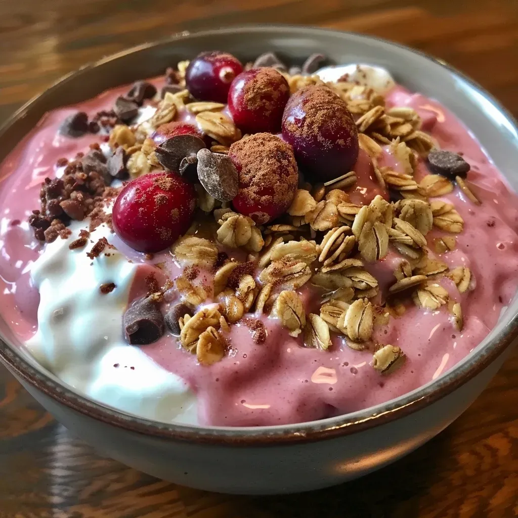 Close-up side view of a cranberry yogurt bowl topped with granola and nuts.