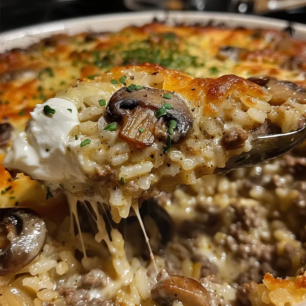 ['A close-up side view of a creamy beef and mushroom rice bake, featuring a forkful of the dish with visible mushrooms and beef.', 'Juicy creamy beef and mushroom rice bake displayed in a casserole dish, with a golden top and garnished with herbs.', 'Side perspective of a savory creamy beef and mushroom rice bake, capturing the textures of rice, beef, and mushrooms.', 'Delicious creamy rice bake with ground beef and mushrooms, highlighted with a touch of melted cheese on top.']