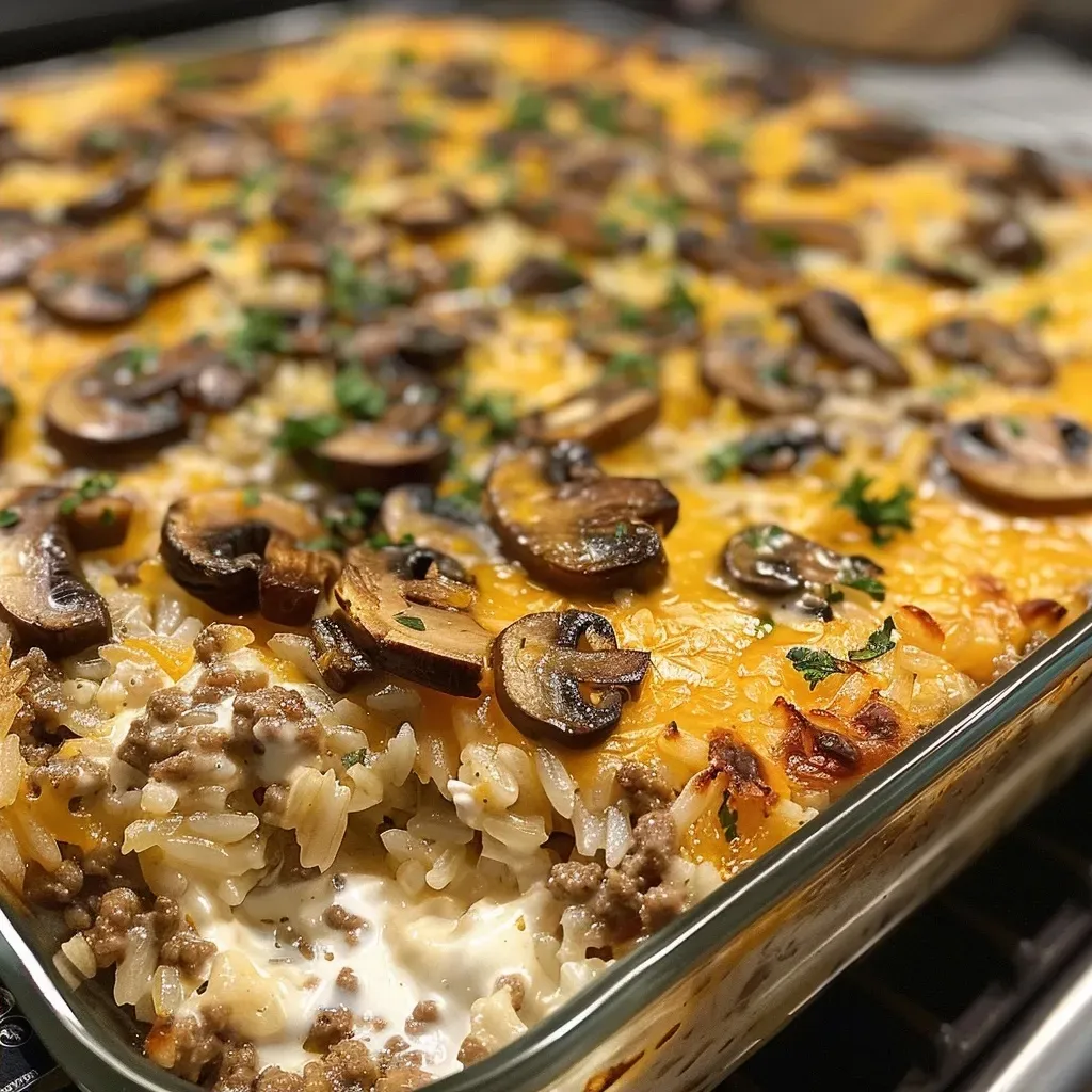 ['A close-up side view of a creamy beef and mushroom rice bake, featuring a forkful of the dish with visible mushrooms and beef.', 'Juicy creamy beef and mushroom rice bake displayed in a casserole dish, with a golden top and garnished with herbs.', 'Side perspective of a savory creamy beef and mushroom rice bake, capturing the textures of rice, beef, and mushrooms.', 'Delicious creamy rice bake with ground beef and mushrooms, highlighted with a touch of melted cheese on top.']