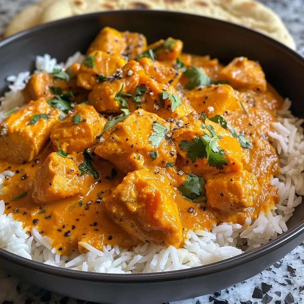 A close-up side view of creamy butternut squash butter chicken served with rice.