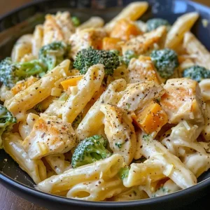 ['Close-up view of creamy chicken and broccoli pumpkin Alfredo pasta in a bowl.', 'Side view of a rich and creamy chicken pasta dish featuring broccoli and pumpkin.', 'Juicy chicken pieces mixed with broccoli in a creamy pumpkin Alfredo sauce.', 'Delicately plated penne pasta with chicken, broccoli, and a vibrant orange pumpkin sauce.']