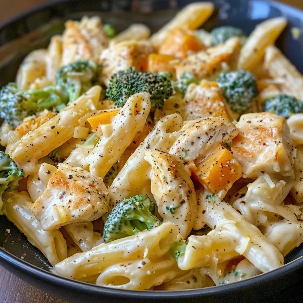 ['Close-up view of creamy chicken and broccoli pumpkin Alfredo pasta in a bowl.', 'Side view of a rich and creamy chicken pasta dish featuring broccoli and pumpkin.', 'Juicy chicken pieces mixed with broccoli in a creamy pumpkin Alfredo sauce.', 'Delicately plated penne pasta with chicken, broccoli, and a vibrant orange pumpkin sauce.']