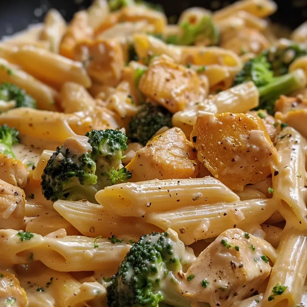 ['Close-up view of creamy chicken and broccoli pumpkin Alfredo pasta in a bowl.', 'Side view of a rich and creamy chicken pasta dish featuring broccoli and pumpkin.', 'Juicy chicken pieces mixed with broccoli in a creamy pumpkin Alfredo sauce.', 'Delicately plated penne pasta with chicken, broccoli, and a vibrant orange pumpkin sauce.']