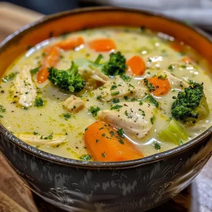 ['Close-up view of creamy chicken broccoli soup with chicken pieces and broccoli florets visible.', 'Side angle of a bowl filled with creamy chicken broccoli soup, showcasing its rich texture and garnished with parsley.', 'Delicious chicken broccoli soup presented in a bowl, highlighting the colorful ingredients and creamy consistency.', 'A detailed look at creamy chicken broccoli soup with diced vegetables and chicken in a smooth broth.']