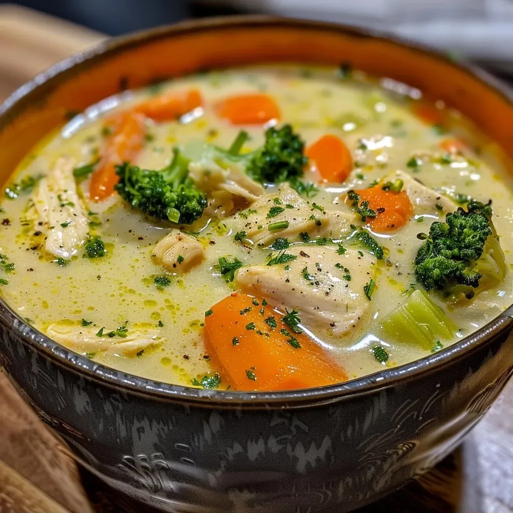['Close-up view of creamy chicken broccoli soup with chicken pieces and broccoli florets visible.', 'Side angle of a bowl filled with creamy chicken broccoli soup, showcasing its rich texture and garnished with parsley.', 'Delicious chicken broccoli soup presented in a bowl, highlighting the colorful ingredients and creamy consistency.', 'A detailed look at creamy chicken broccoli soup with diced vegetables and chicken in a smooth broth.']