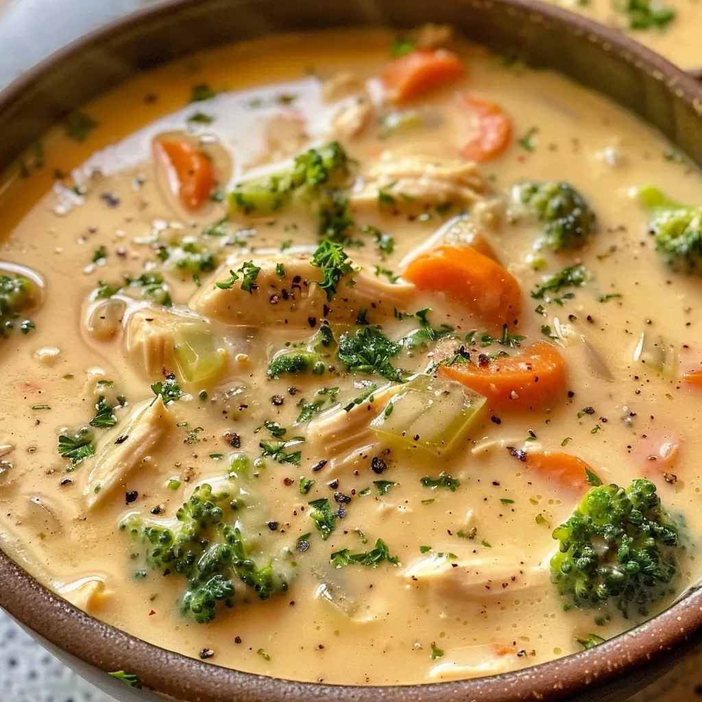['Close-up view of creamy chicken broccoli soup with chicken pieces and broccoli florets visible.', 'Side angle of a bowl filled with creamy chicken broccoli soup, showcasing its rich texture and garnished with parsley.', 'Delicious chicken broccoli soup presented in a bowl, highlighting the colorful ingredients and creamy consistency.', 'A detailed look at creamy chicken broccoli soup with diced vegetables and chicken in a smooth broth.']