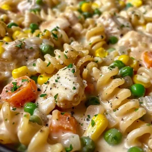 ['Close-up view of creamy chicken pot pie pasta in a bowl, featuring chunks of chicken and colorful vegetables.', 'Side view of a delicious creamy chicken pot pie pasta dish, showcasing pasta mixed with a rich sauce and garnished with parsley.', 'Juicy chicken pot pie pasta displayed in a rustic bowl, highlighting pasta, chicken, and vibrant mixed vegetables.', 'Appetizing close-up of creamy chicken pot pie pasta, with shredded chicken and a creamy sauce, ready to serve.']