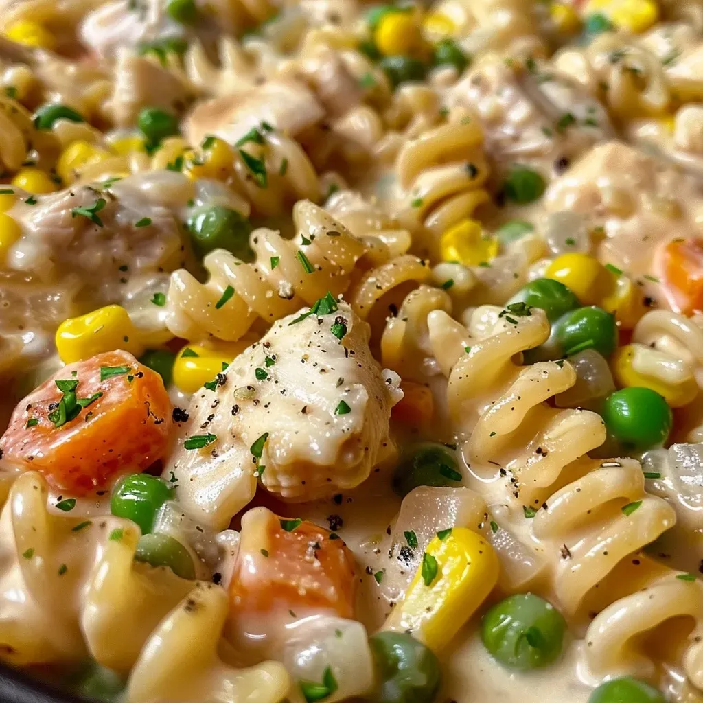 ['Close-up view of creamy chicken pot pie pasta in a bowl, featuring chunks of chicken and colorful vegetables.', 'Side view of a delicious creamy chicken pot pie pasta dish, showcasing pasta mixed with a rich sauce and garnished with parsley.', 'Juicy chicken pot pie pasta displayed in a rustic bowl, highlighting pasta, chicken, and vibrant mixed vegetables.', 'Appetizing close-up of creamy chicken pot pie pasta, with shredded chicken and a creamy sauce, ready to serve.']