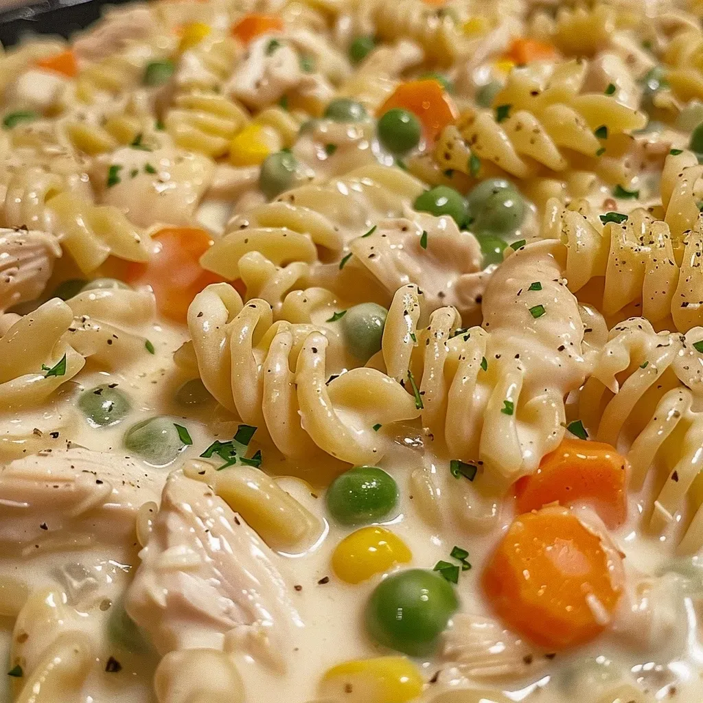 ['Close-up view of creamy chicken pot pie pasta in a bowl, featuring chunks of chicken and colorful vegetables.', 'Side view of a delicious creamy chicken pot pie pasta dish, showcasing pasta mixed with a rich sauce and garnished with parsley.', 'Juicy chicken pot pie pasta displayed in a rustic bowl, highlighting pasta, chicken, and vibrant mixed vegetables.', 'Appetizing close-up of creamy chicken pot pie pasta, with shredded chicken and a creamy sauce, ready to serve.']