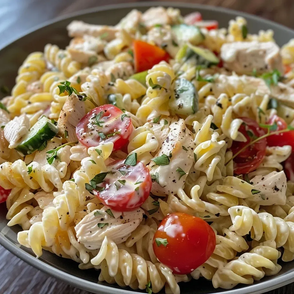 ['Close-up view of creamy pasta salad with chicken, tomatoes, and cucumbers.', 'Side view of a vibrant high-protein pasta salad featuring chunks of chicken and fresh ingredients.', 'Detailed look at a bowl of creamy chicken pasta salad with colorful vegetables.', 'Juicy high-protein pasta salad with chicken, mozzarella, and herbs on a plate.']