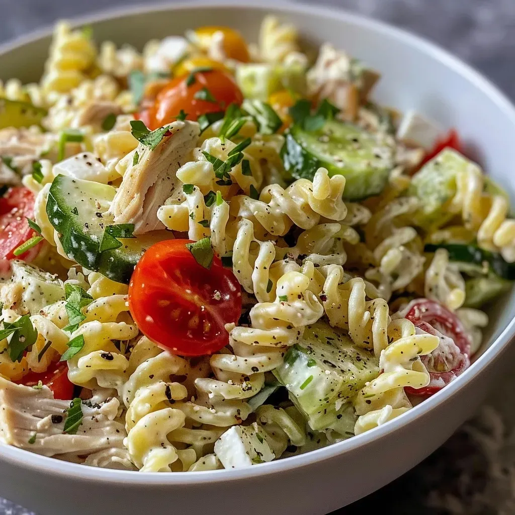['Close-up view of creamy pasta salad with chicken, tomatoes, and cucumbers.', 'Side view of a vibrant high-protein pasta salad featuring chunks of chicken and fresh ingredients.', 'Detailed look at a bowl of creamy chicken pasta salad with colorful vegetables.', 'Juicy high-protein pasta salad with chicken, mozzarella, and herbs on a plate.']