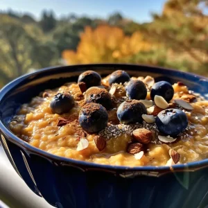 ['Creamy pumpkin oats topped with fresh blueberries and toasted almonds in a bowl.', 'Close-up of a bowl of creamy pumpkin oats with blueberries and almond slices.', 'Side view of a nourishing bowl of pumpkin oats garnished with blueberries and almonds.', 'Delicious pumpkin oatmeal with vibrant blueberries and crunchy almond pieces.']