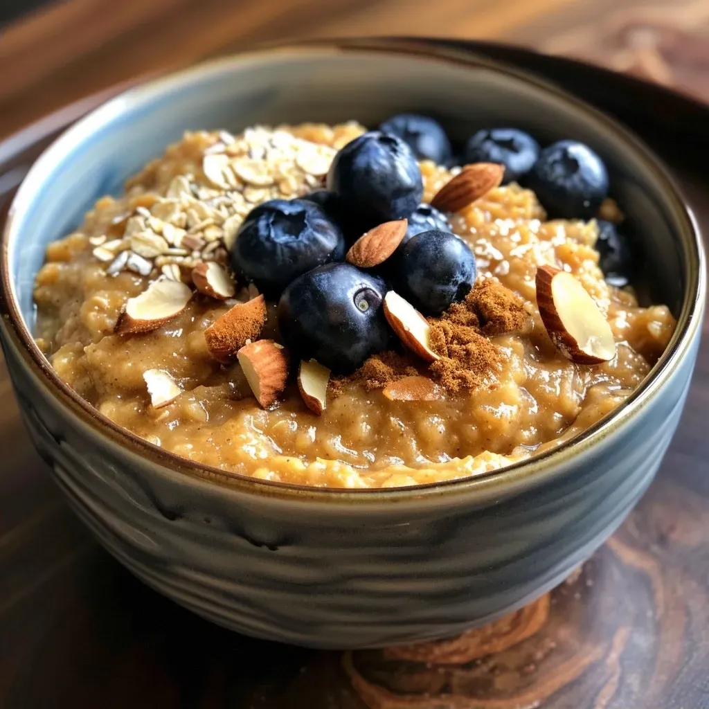 ['Creamy pumpkin oats topped with fresh blueberries and toasted almonds in a bowl.', 'Close-up of a bowl of creamy pumpkin oats with blueberries and almond slices.', 'Side view of a nourishing bowl of pumpkin oats garnished with blueberries and almonds.', 'Delicious pumpkin oatmeal with vibrant blueberries and crunchy almond pieces.']
