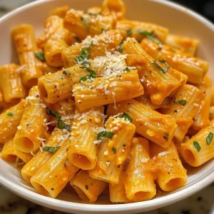 Close-up of creamy pumpkin pasta with rigatoni and a sprinkle of parsley.
