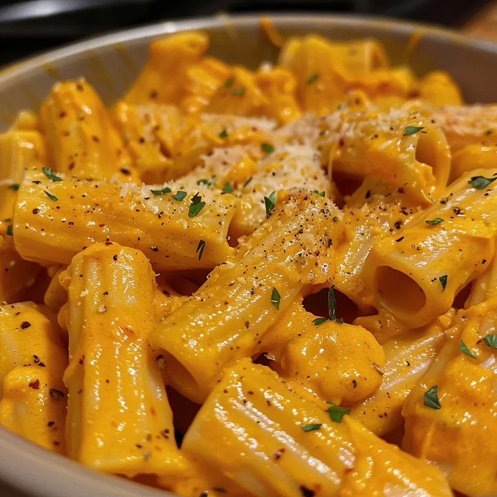 Close-up of creamy pumpkin pasta with rigatoni and a sprinkle of parsley.