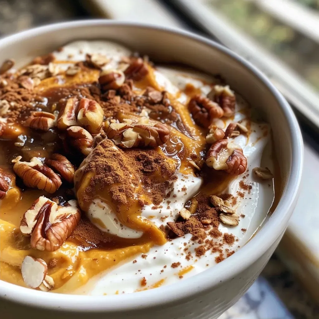 ['Close-up of a creamy pumpkin pie yogurt bowl garnished with chopped pecans and oats.', 'Side view of a luscious yogurt bowl featuring pumpkin puree and spices, topped with nuts.', 'Appetizing image of a pumpkin yogurt bowl with a rich texture and warm spices.', 'A colorful yogurt bowl filled with pumpkin ingredients, showcasing a delicious fall treat.']
