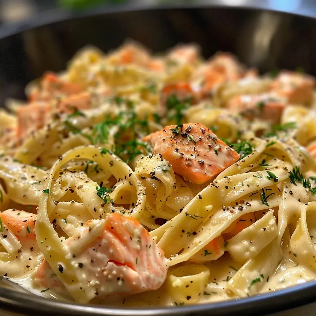 ['A close-up side view of creamy salmon pasta garnished with fresh herbs.', 'A juicy serving of fettuccine topped with salmon and creamy sauce.', 'Delicious creamy salmon pasta presented in a bowl with a sprinkle of herbs.', 'A plated dish of fettuccine with chunks of salmon and a rich cream sauce.']