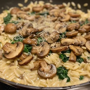 ['Close-up shot of creamy spinach mushroom orzo in a bowl, showcasing vibrant greens and pasta.', 'Side view of a bowl filled with creamy orzo topped with sautéed mushrooms and fresh spinach.', 'Close-up of a dish featuring creamy orzo mixed with mushrooms and spinach, highlighting its rich texture.', 'A delicious serving of creamy spinach mushroom orzo with a smooth sauce, ready to eat.']