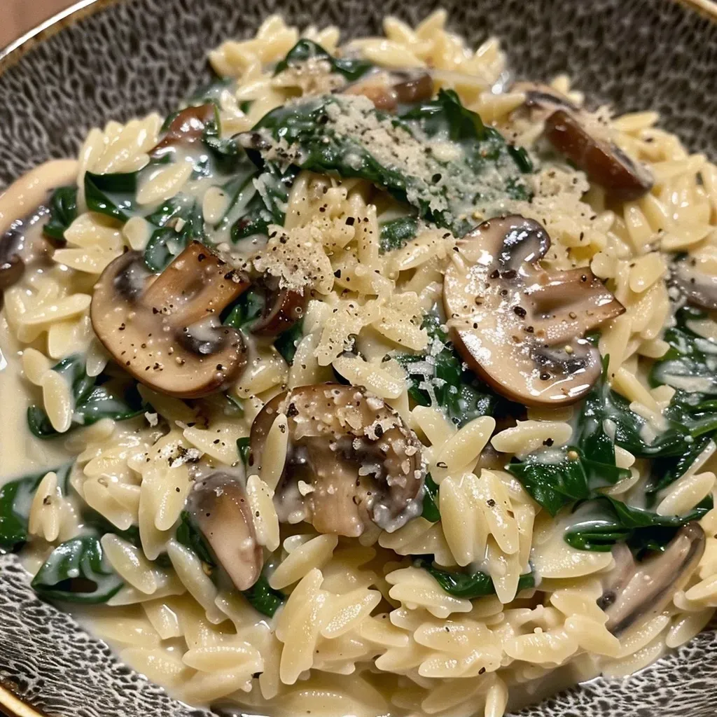 ['Close-up shot of creamy spinach mushroom orzo in a bowl, showcasing vibrant greens and pasta.', 'Side view of a bowl filled with creamy orzo topped with sautéed mushrooms and fresh spinach.', 'Close-up of a dish featuring creamy orzo mixed with mushrooms and spinach, highlighting its rich texture.', 'A delicious serving of creamy spinach mushroom orzo with a smooth sauce, ready to eat.']
