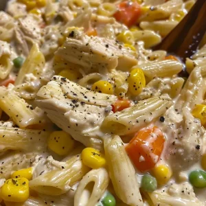 ['A close-up side view of creamy Chicken Pot Pie Pasta in a bowl, topped with melted cheese.', 'Juicy Crock Pot Chicken Pot Pie Pasta served in a dish, showcasing the noodles, chicken, and vegetables.', 'A vibrant plate of Chicken Pot Pie Pasta with a rich, creamy sauce and garnished with cheese.', 'A mouthwatering bowl of Chicken Pot Pie Pasta, featuring chicken and mixed vegetables in a creamy sauce.']