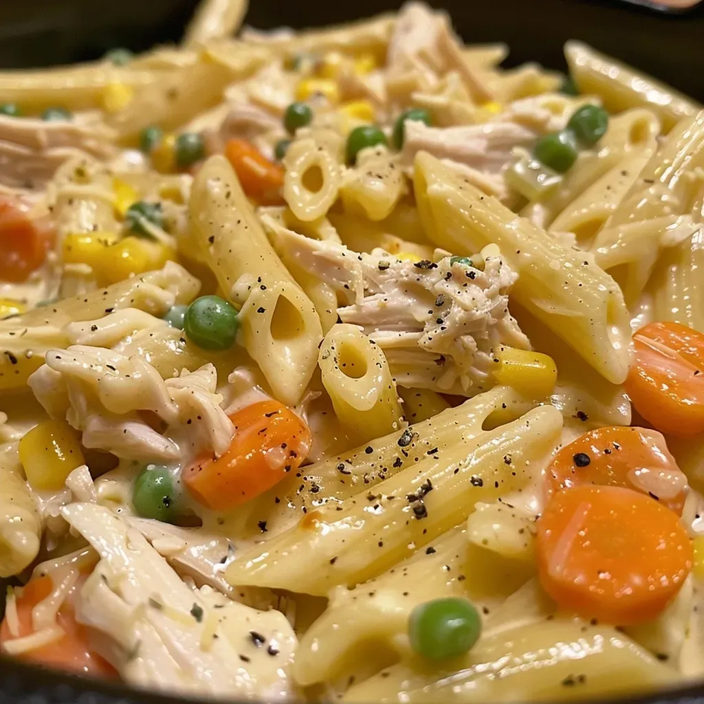 ['A close-up side view of creamy Chicken Pot Pie Pasta in a bowl, topped with melted cheese.', 'Juicy Crock Pot Chicken Pot Pie Pasta served in a dish, showcasing the noodles, chicken, and vegetables.', 'A vibrant plate of Chicken Pot Pie Pasta with a rich, creamy sauce and garnished with cheese.', 'A mouthwatering bowl of Chicken Pot Pie Pasta, featuring chicken and mixed vegetables in a creamy sauce.']