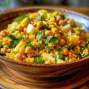 ['Close-up of a curried couscous salad with chicken, apples, and spinach in a bowl.', 'Side view of a vibrant salad featuring couscous, chickpeas, and diced chicken mixed with curry.', 'Fresh salad composed of curried couscous, diced apple, spinach, and scallions garnished with lemon juice.', 'A colorful plate showcasing curried couscous salad with visible ingredients like chicken and apples.']