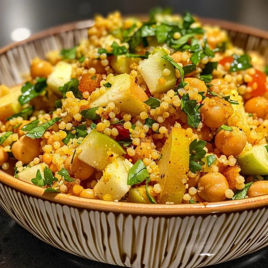 ['Close-up of a curried couscous salad with chicken, apples, and spinach in a bowl.', 'Side view of a vibrant salad featuring couscous, chickpeas, and diced chicken mixed with curry.', 'Fresh salad composed of curried couscous, diced apple, spinach, and scallions garnished with lemon juice.', 'A colorful plate showcasing curried couscous salad with visible ingredients like chicken and apples.']