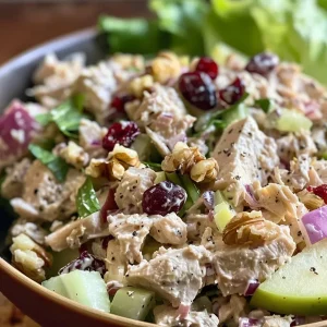 Close-up view of a colorful Easy Apple Tuna Salad with chunks of apple and tuna.