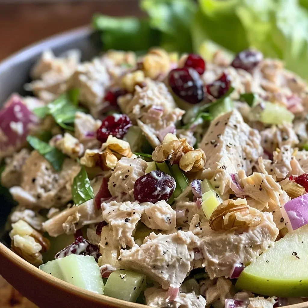 ['Close-up view of a colorful Easy Apple Tuna Salad with chunks of apple and tuna.', 'Side view of a fresh Easy Apple Tuna Salad featuring bright apple pieces and walnuts.', 'Detail of a vibrant Easy Apple Tuna Salad with visible ingredients like celery and cranberries.', 'Juicy Easy Apple Tuna Salad displayed in a bowl, showcasing its mixed textures and colors.']