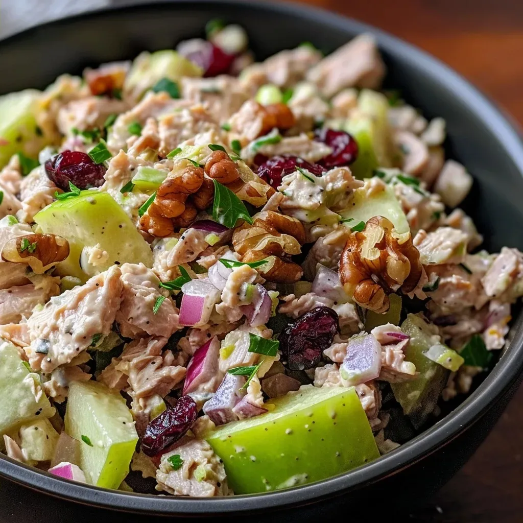 Close-up view of a colorful Easy Apple Tuna Salad with chunks of apple and tuna.