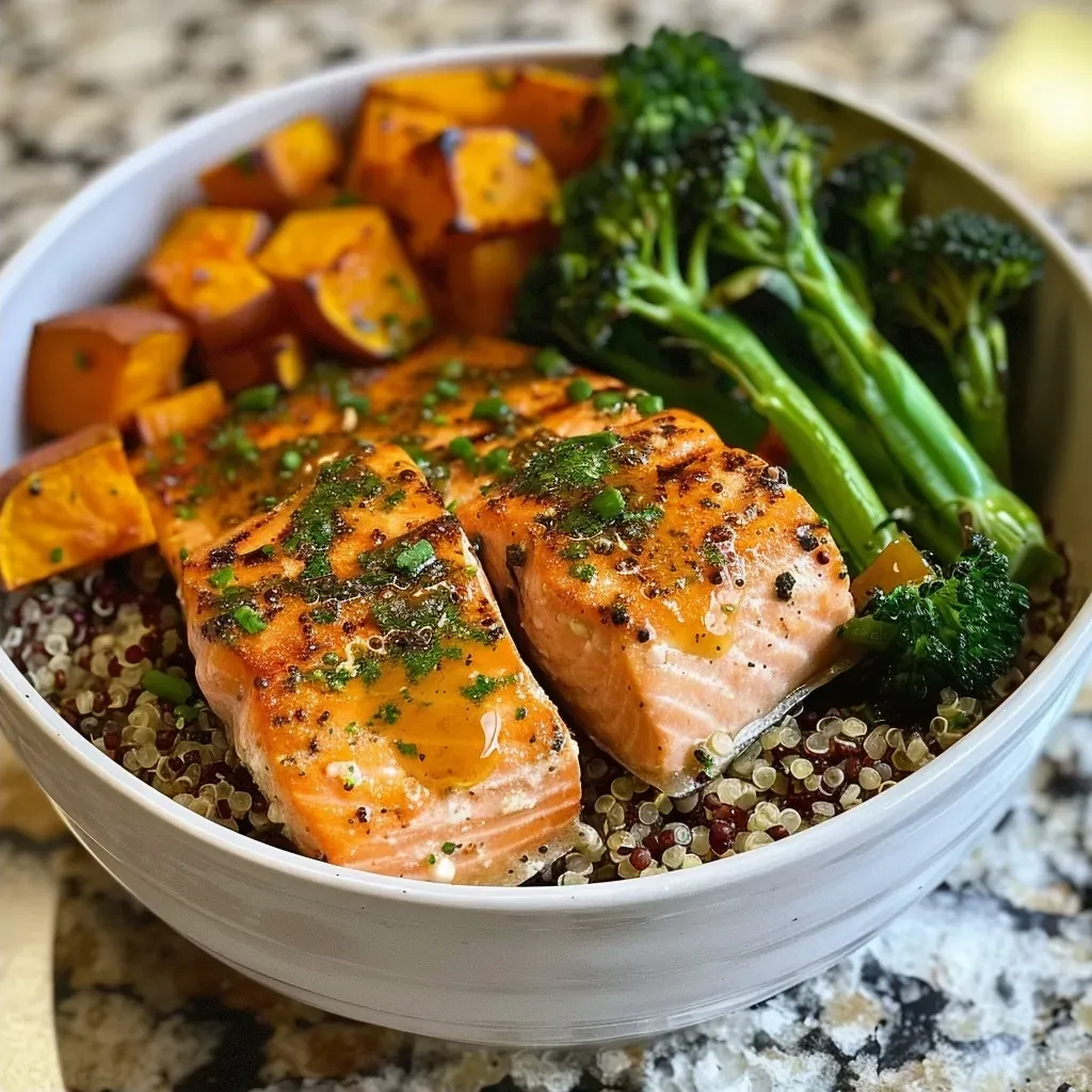 ['A vibrant Easy Salmon Meal Prep Bowl featuring salmon, quinoa, and colorful vegetables.', 'Close-up side view of a meal prep bowl filled with salmon, broccolini, sweet potatoes, and quinoa.', 'A healthy meal prep bowl with juicy salmon filets, roasted veggies, and a drizzle of lemon vinaigrette.', 'A delicious and colorful Easy Salmon Meal Prep Bowl showcasing various healthy ingredients.']