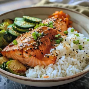 A close-up side view of a colorful Easy Teriyaki Salmon Bowl with salmon, Brussels sprouts, cucumbers, and rice.